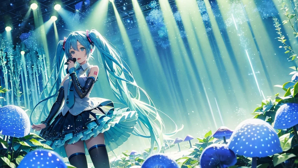An image of Hatsune Miku singing in a shining blue forest。The background is dotted with glowing mushrooms and shining plants.、Small particles of light are dancing around Miku。Her costume is designed with forest elements.、Leaves and flowers are accented。