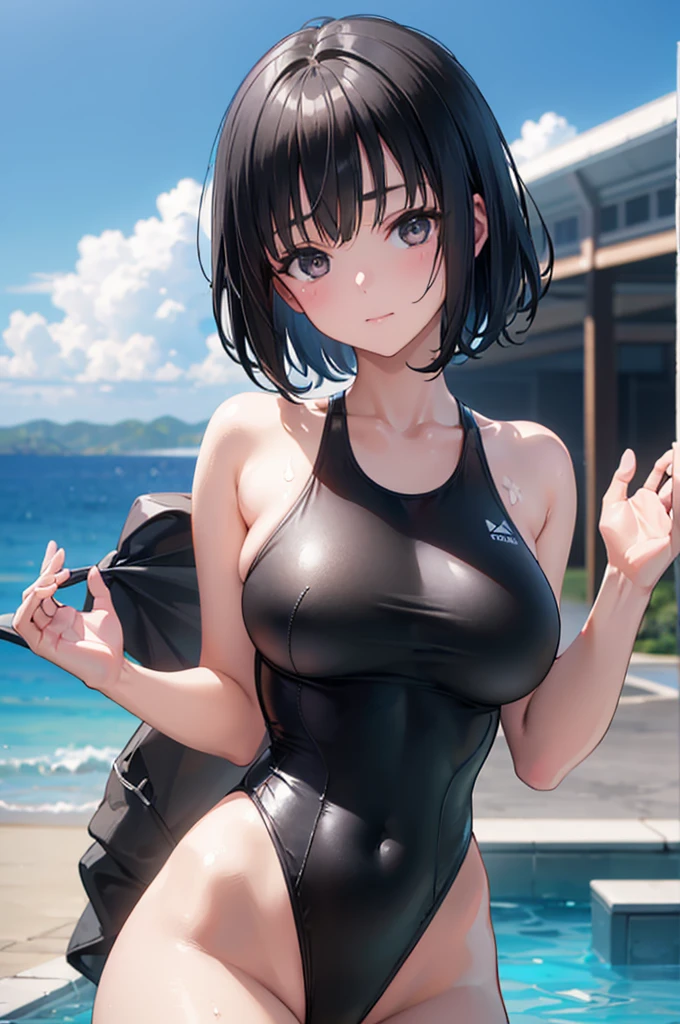 Poses that accentuate the buttocks,(Highest quality, masterpiece, Ultra-high resolution, (Photorealistic:1.4), RAW Photos), One girl,(((Wearing only a black one-piece swimsuit), ((Very short black hair, Amazingly cute face, Very beautiful big black eyes)))), Very lean body, Very flat and beautiful breasts and a beautiful ass, An innocent smile, View Viewer, Detailed face, Fine grain, Detailed Hair, Detailed body, Thigh details, Detailed Swimsuit