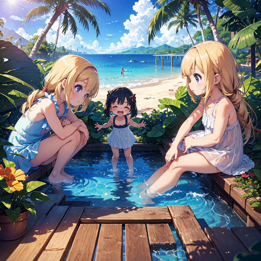 Super high quality, 64k, Super fine detail illustration, Beach (tropical, palm tree, tropical animals, very sunny), 3 Girls (8.8), 1.5), Cute swimsuit, (short arms: 1.5), round face, ( girl: 1.8), bare feet, (child:, (baby face: un, breast (flat, blonde, very long hair, head tied up, surface effect, color effect), profile, (3) young girls, one eye closed, mouth wide open, side view,)), Translated with DeepL.com (free version)