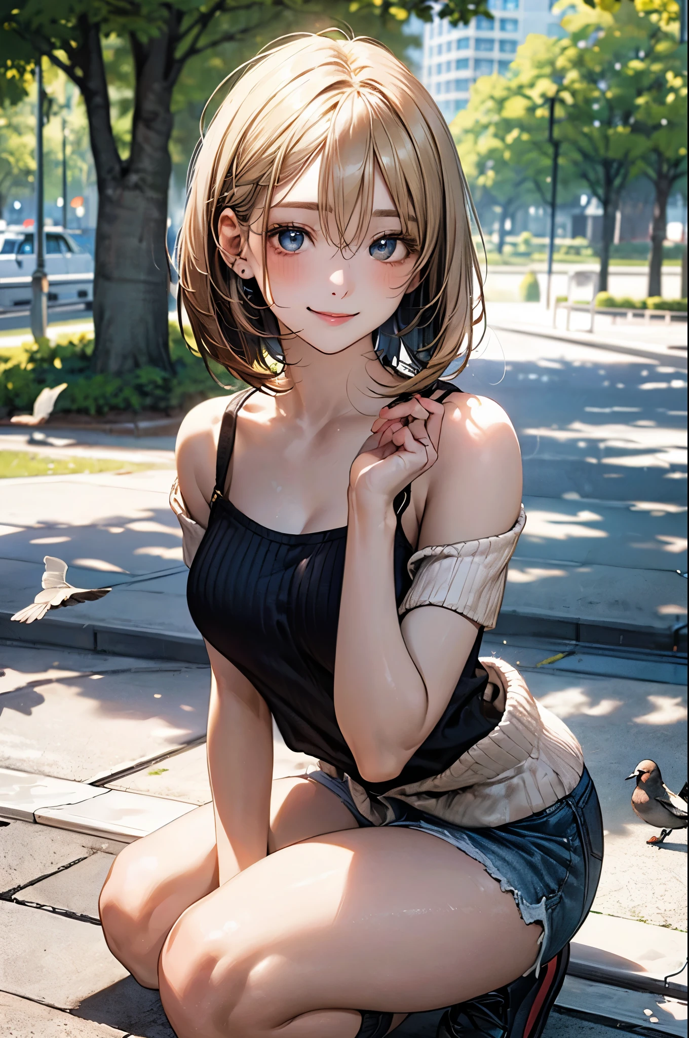 (masterpiece:1.2, top-quality), (realistic:1.1, photorealistic:1.4), beautiful illustration, (perfect lighting, natural lighting), depth of fields,
beautiful detailed hair, beautiful detailed face, beautiful detailed eyes, beautiful clavicle, beautiful body, beautiful chest, beautiful thigh, beautiful legs, beautiful hands,
looking at viewer, 1 girl, high school girl, perfect face, cute and symmetrical face, shiny skin,
(short hair:1.5, bob cut:1.2, ash blonde hair), hair between eyes, blue eyes, drooping eyes, big eyes, long eye lasher, (medium breasts, thick thighs),
(short sleeve off-shoulder yellow green sweater, black tanktop, denim shorts roll-up), sneaker,
(beautiful scenery), evening, (park:1.2), squatting, (lots of pigeons), (lovely smile, upper eyes),