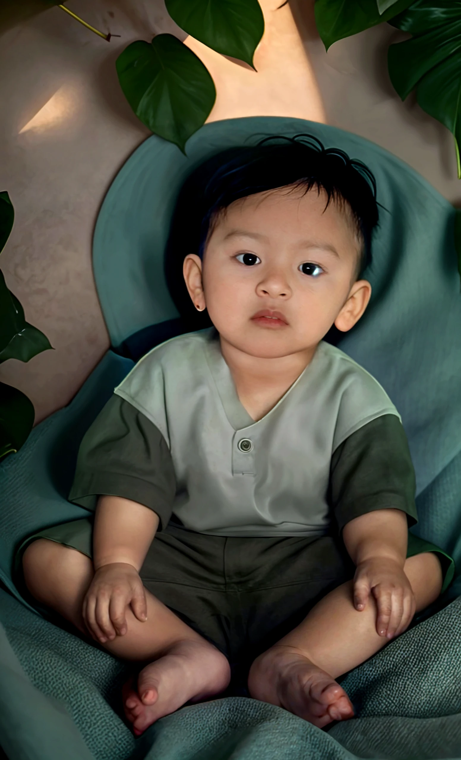 ((masterpiece), (best quality), (RAW photos), (Reality:1.4), highly realistic photograph, Chinese portrait, 1 year old, A few strands of baby hair, Baldhead, Bright Eyes, Wearing a blue collarless T-shirt,The light from above shines down, (Dark blue background), Photo taken with Fujifilm XT3 in 1975