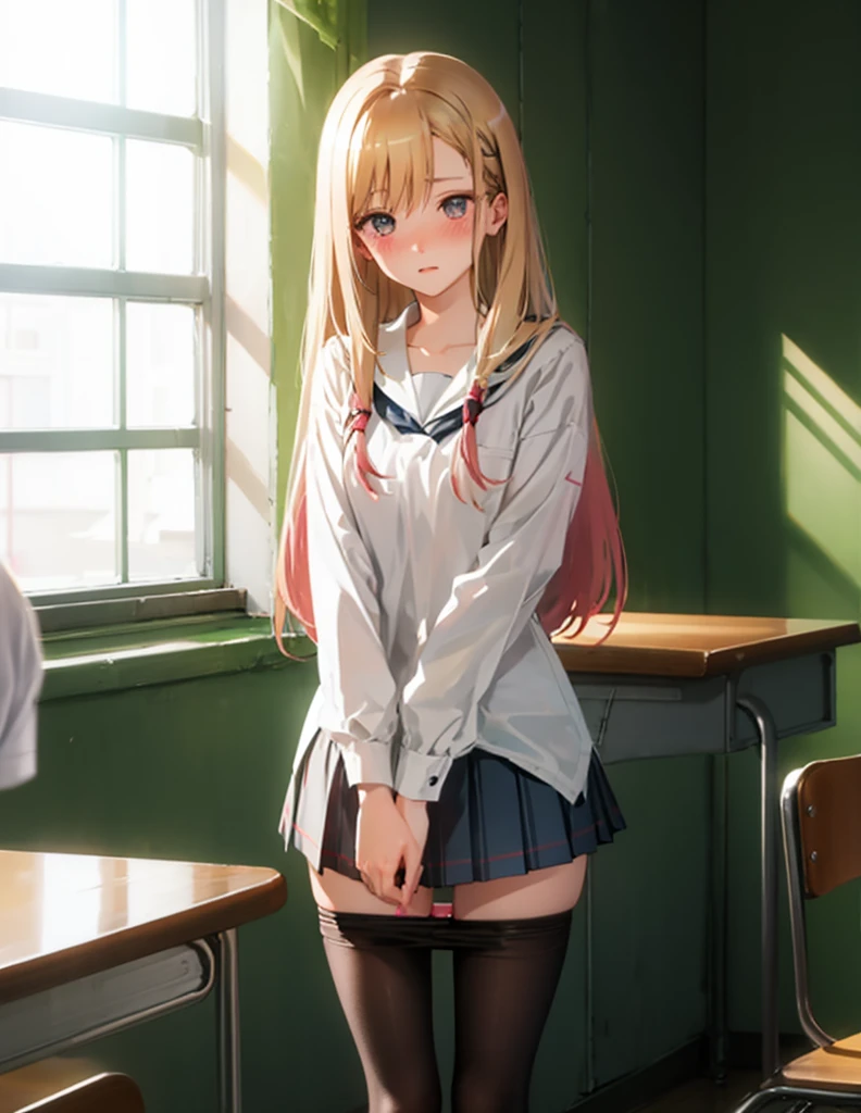 Take off your panties、Pull down your panties、Chestnut Hair、Semi-long hair、Blushing、lipstick、Perfect hands、Detailed hands、pantyhose pull,panty pull、classroom、School、blackboard、school uniform、日本の、