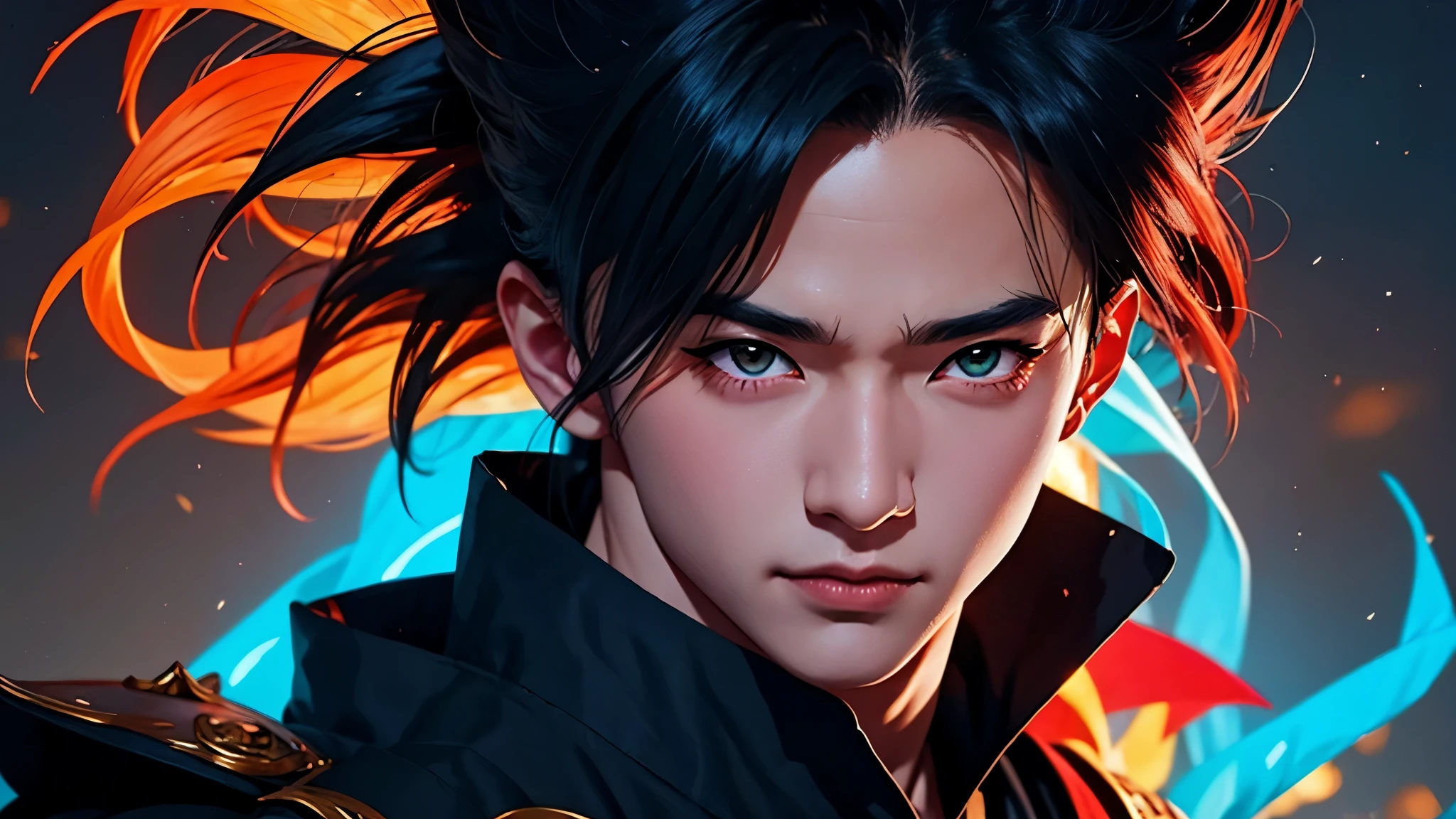 "Cheerful Madara 20 years old is a real masterpiece with masculine beauty, perfect anatomy. Olpntng style, colorful rainbow, black samurai outfit, clean design, epic Instagram, artstation, full streaks of colored paint, circles, outlines. When you look at his beautiful eyes, you will clearly see every little detail and perfect line, every detail on the skin is beautiful in 8K quality, people We will be captivated by the confidence radiating from every look. His head has black hair and his face is drawn meticulously in every detail with 8K image quality.''