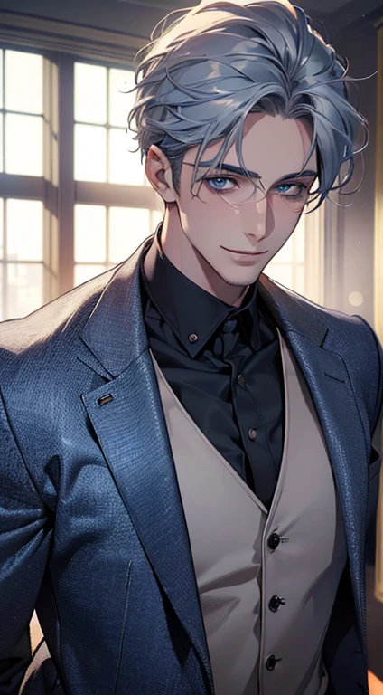 (best quality,4k,8k,highres,masterpiece:1.2),ultra-detailed,(realistic,photorealistic,photo-realistic:1.37),cinematic lighting,1:4 hdr image,a mature man, 28 years old,very handsome,cold expression smile in love, short grey blue hair,blue eyes,flawless face,buttoning his jacket,CEO
