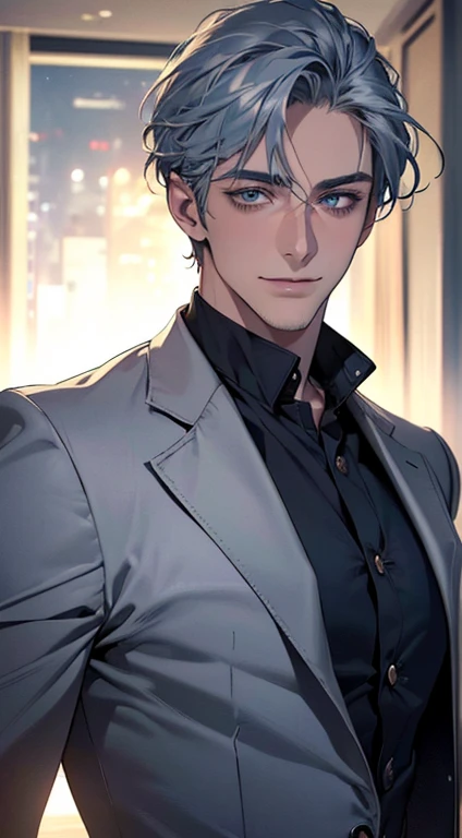 (best quality,4k,8k,highres,masterpiece:1.2),ultra-detailed,(realistic,photorealistic,photo-realistic:1.37),cinematic lighting,1:4 hdr image,a mature man, 28 years old,very handsome,cold expression smile in love, short grey blue hair,blue eyes,flawless face,buttoning his jacket,CEO