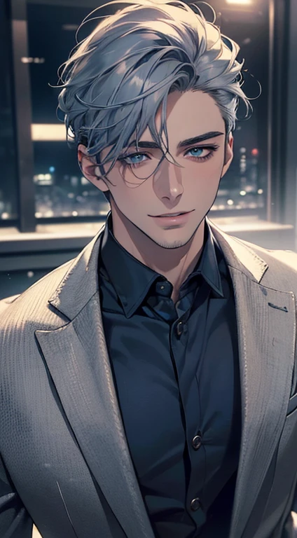 (best quality,4k,8k,highres,masterpiece:1.2),ultra-detailed,(realistic,photorealistic,photo-realistic:1.37),cinematic lighting,1:4 hdr image,a mature man, 28 years old,very handsome,cold expression smile in love, short grey blue hair,blue eyes,flawless face,buttoning his jacket,CEO