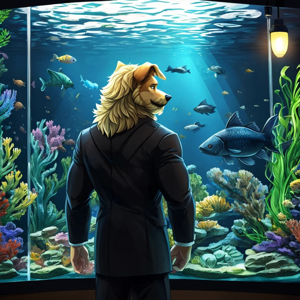 anthropomorphic golden retriever and husky mix, muscular, looking at a aquarium full of big fishes, no shading, simple, brown beard and moustache, blond fur, back view, night, black coat with yellow details, simple coloring, no shadows