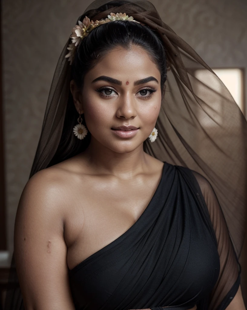 Extremely gorgeous, round face, shoot for a famous cosmetics brand, shoot for top health magazine cover Page, bold photoshoot, bold looks, body positivity, stunning beauty, ravishing, spicy hot, sizzling hot, sensual shoot, artistic sensual photograpy, thick figure, curvy, Thick navel, sexy tempting lady, sexy navel folds, fleshy figure, woman with a flower in her hair and a flower in her hair, closeup portrait shot, movie stills photography, traditional beauty, body sweat, glistening skin, feminine curve, curvy body, skin texture, skin pores, traditional clothes , traditional female hairstyles, pretty face!!, shot on sony alpha dslr-a300, indian woman with brown skin, indian goddess, traditional makeup, movie stills, actress, close - up portrait shot, detailed portrait shot, ultra HD, 32k, hyper realistic, hyper realistic skin, High level professional photography, insane details, high quality skin, beautymarks, real photograph, add every possible elements to make the photo looks as real photograph,
