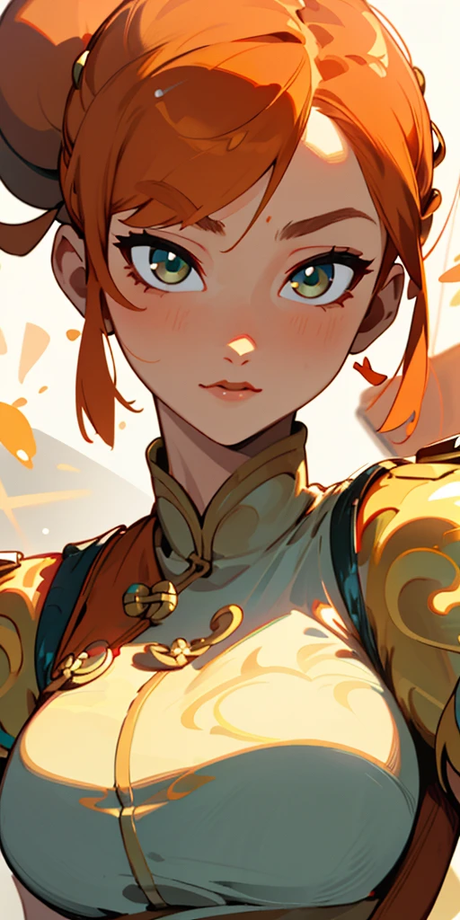 1 girl、one person、skinny body shape、orange clothes、orange hair、beautiful green eyes、intense joy on the face、white uniform with golden decorations、upper body close-up, style of Chun-li clothes