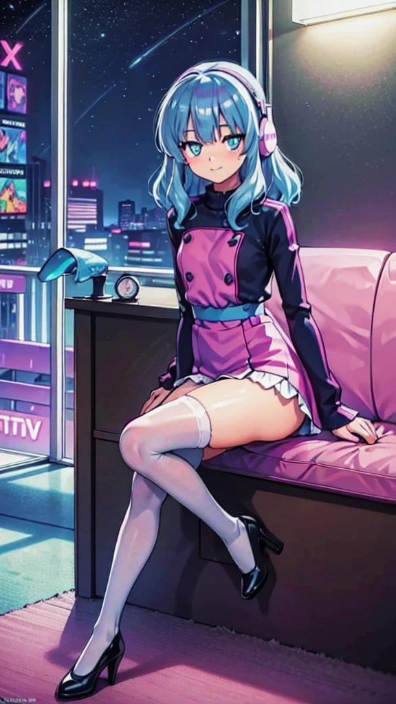 (masterpiece), Highest quality, Expressive eyes, Neon pastel aesthetics, Retro 90s, Neon color,((Girl sitting on sofa,In a cozy room,Records hanging on her wall, Comic books on the floor, Looking out the window behind her at the night city, Upholstered room, Anime figures lined up on a shelf)), Wearing headphones, (All around her it sparkles), (Wearing high socks and heels), (blue eyes), (Soft look), (Synthwave Art Style), Colorful Hair, Desk with PC set up