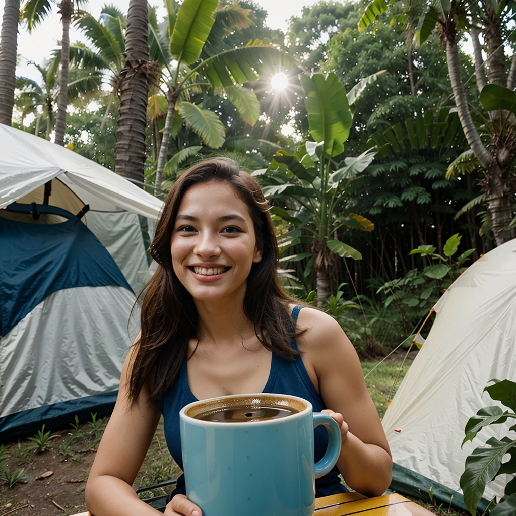 Caming in jungle,nice weather, clear face, clear smile, natural skin, coffee mug ,tents ,stitting with friends, enjoying