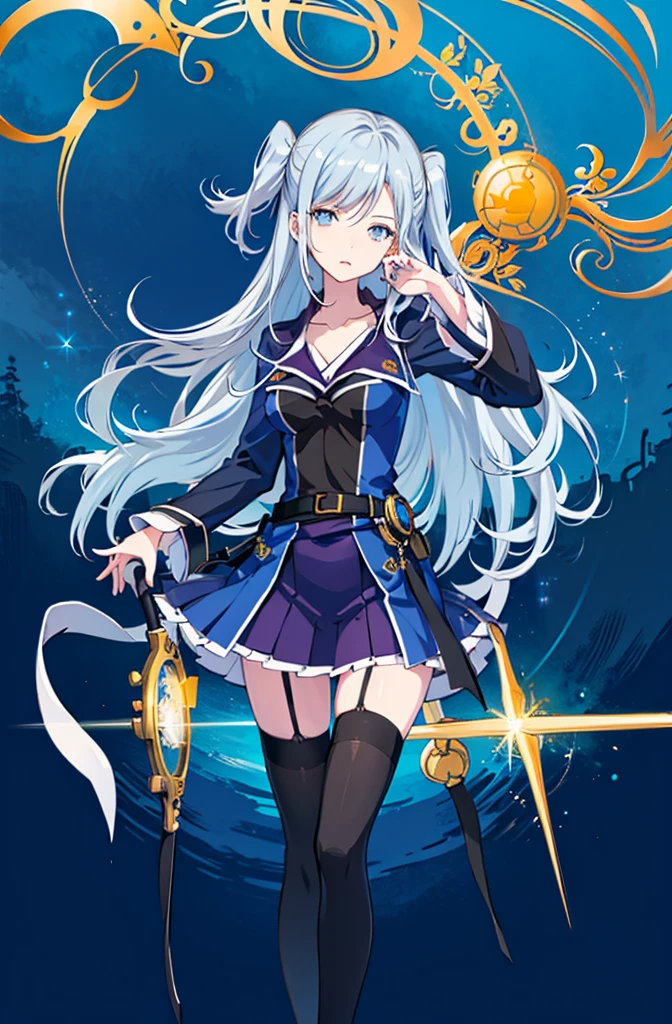 1girl, solo, outdoors, long hair, holy place, Original,(Illustration:1.1),(Best Quality),(masutepiece:1.1),(the Extremely Detailed CG Unity 8K Wallpapers:1.1), (Colorful:0.9),(mid-shot:0.95),(extremely detailed beautiful face),(Solo:1.2), (girl),(((Lori))), (Detailed beautiful eyes:1.15), (Beautiful face:1.15), (Glowing blue eyes:1.25////),(((sky blue Long Hair))),(two side up),(+perfect hand+:1.21),(Draw illustration of Japan priestess costume),(slender),(White pleated skirt),(Gothic),((black thighhighs)),(frilld),(Beautiful Slender Lolita Girl),hallowween,standing, girl,, girl,foggy place,vampire,sky blue hair,full body,whole body,cathedral background,holy cathedral,