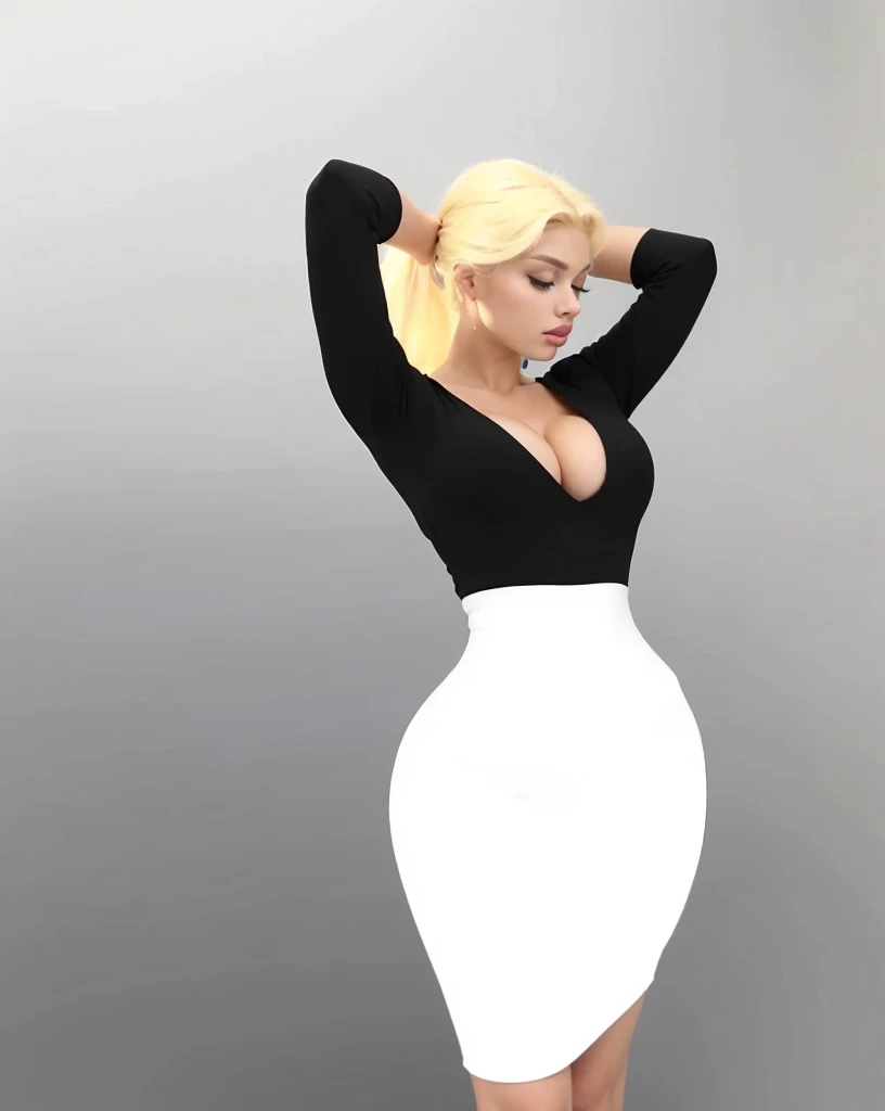 ((Beautiful Blonde girl, clara wilsey, loren gray, sophie mudd, Peyton List, 18 years))round breasts, slim waist, beautiful soft thighs, beautiful legs,Wearing tight white bodycon skirt,  and black cotton-Lycra-fabric semi-long sleeve cleavage top, Vibrant, vivid, HDR, 8k, ((detailed: 1.4)), ((hyper realistic)), Extremely Realistic, Realism, Portrait, Raw photo, Photography, Photorealism, Photoshoot,