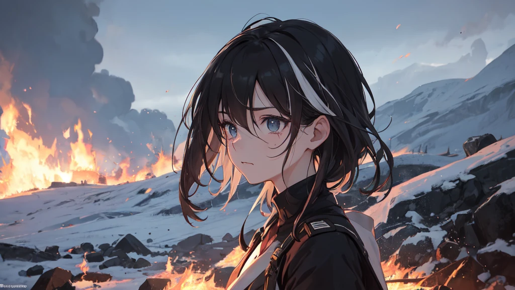 masterpiece:1.2), best quality , 独奏 ,pixiv, anime girl ，long straight white hair , black eyes ,Wearing off-white camouflage uniform ,ten years old，modern battlefield，(Eyes looking into the distance:1.3)，(look away:1.5)，snowy weather，dirty face，The background is a sea of fire with blood on the forehead，dirty face，Backlight，Bare rocky peaks ,Fierce flames are burning，The expression is sad，bullets flying，leave tears