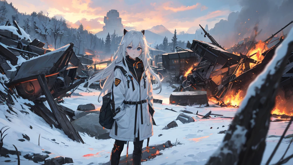 masterpiece:1.2), best quality , 独奏 ,pixiv, anime girl ，long straight white hair , black eyes ,Wearing off-white camouflage uniform ,ten years old，modern battlefield，(Eyes looking into the distance:1.3)，(look away:1.5)，snowy weather，dirty face，The background is a sea of fire with blood on the forehead，dirty face，Backlight，Bare rocky peaks ,Fierce flames are burning，The expression is sad，bullets flying，leave tears