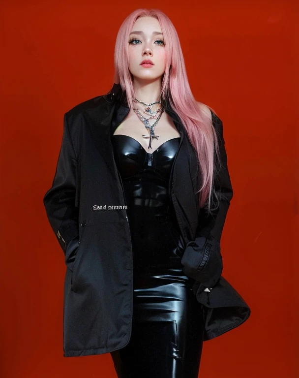 young woman, short shoulder-length pink hair, wide forehead, porcelain skin, pink eyebrows, big emerald green eyes, buttoned nose, full lips, heart-shaped face, slender body, small breasts, red tank top, Sakura Haruno , realistic, realism, details, 3d, well detailed