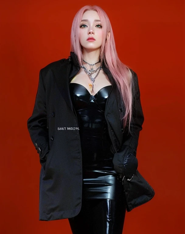 young woman, short shoulder-length pink hair, wide forehead, porcelain skin, pink eyebrows, big emerald green eyes, buttoned nose, full lips, heart-shaped face, slender body, small breasts, red tank top, Sakura Haruno , realistic, realism, details, 3d, well detailed
