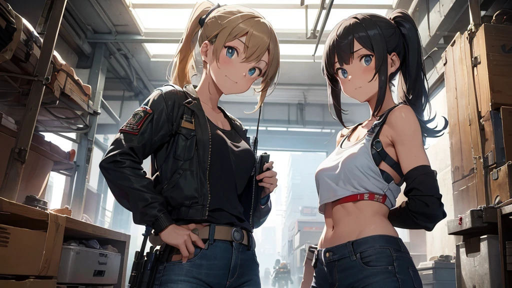 detailed, perfect anatomy, female engineer girl, mechanic girl, dirty tank top, green tank top,uniform, wrench, goggles, working on a mecha, japanese mecha,mecha robot, one girl, solo focus, blue eyes, strawberry blonde hair, ponytail, denim jeans, repairing machines, smiling, concern, caring, looking upward, high angle, cyberpunk, futuristic, military vibes, diesel punk, indoors, welding, holding wrench, looking at viewer, muscle, toned woman, tomboy, in a futuristic military complex, police department, small jet fighter, white walls, ((BEST QUALITY))