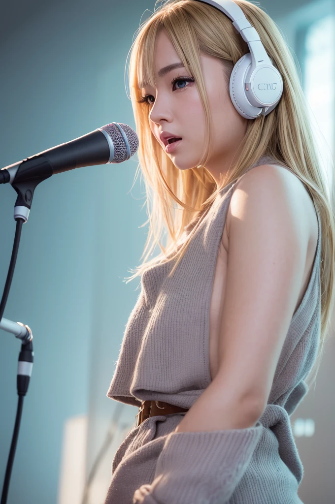 "Blonde Japanese woman, resembling Happy Sakura, elegant and captivating appearance, intricate details, high quality, (luxury:1.4), ultra-realistic 8K, perfect face, beautiful expression, beautiful eyes, blonde hair, model pose, ultra-realistic 4K, highest image quality, natural light, natural background, stylish clothing, professional artwork, modern style, clean and sophisticated look, holding a microphone and singing, female DJ wearing headphones, operating music equipment" "Blurry image, low resolution, unnatural pose, unbalanced face, noise, excessive editing, inappropriate lighting, anime style, cartoon style, non-realistic texture, excessive saturation, artificial expression, abnormal proportions, unnatural background, low-quality details"