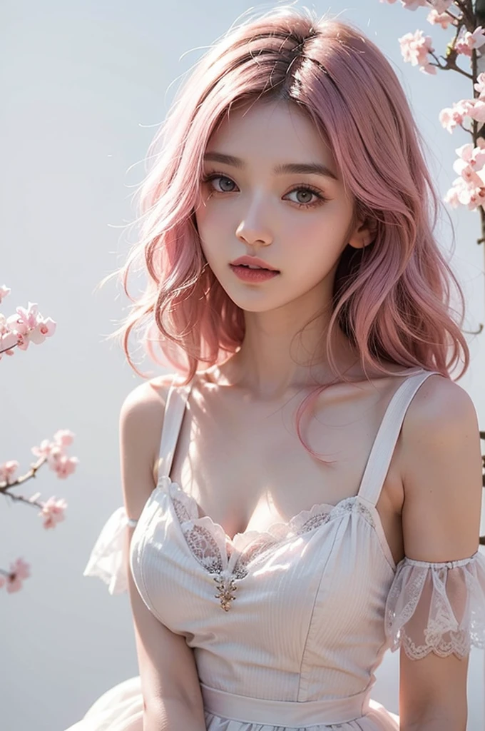 Light pink hair, pink eyes, pink and white, sakura leafs, vivid colors, white dress, paint splash, simple background, ray tracing, wavy hair