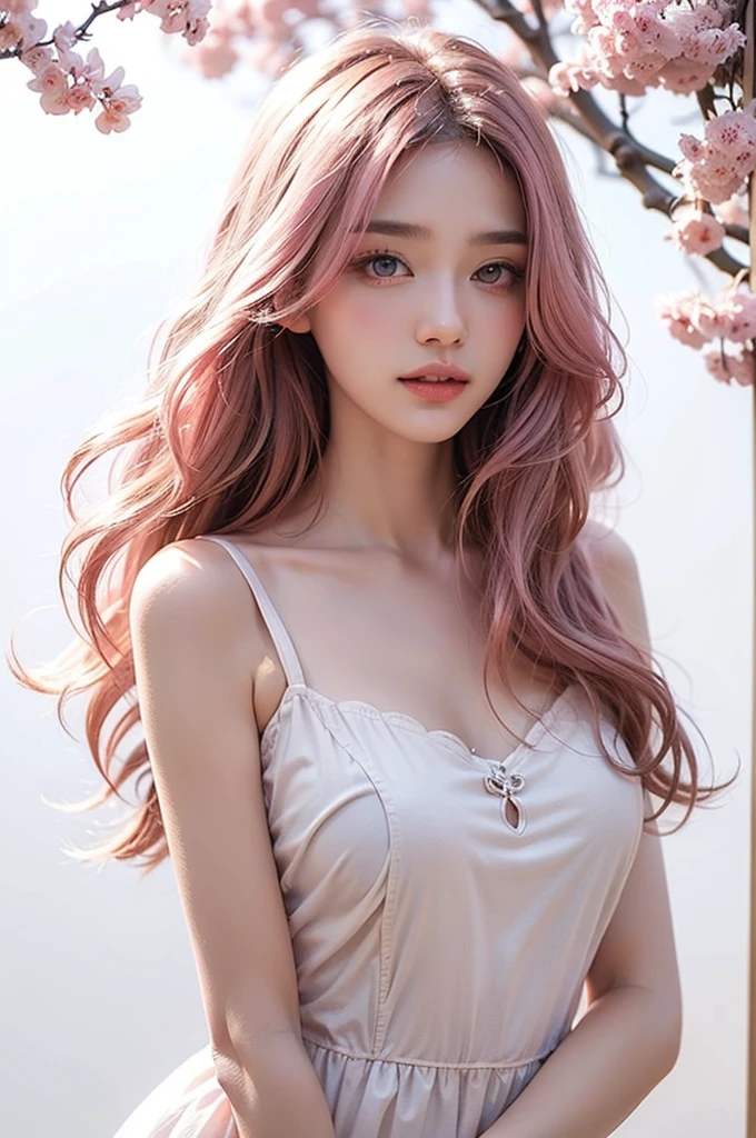 Light pink hair, pink eyes, pink and white, sakura leafs, vivid colors, white dress, paint splash, simple background, ray tracing, wavy hair