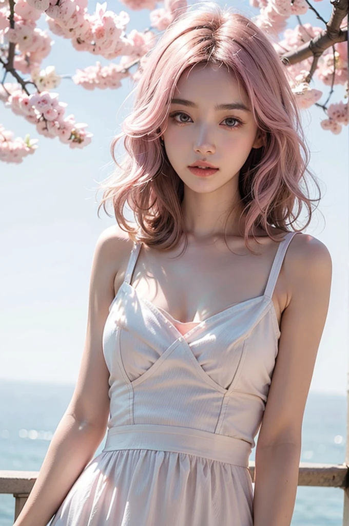 ((huge-breasted, 18 year old, Very small head)), Daylight, Sunlight, (Perfect body : 1.1), (short wavy hair:1.2, dark brown hair, Pink and blue mesh hair, Thin mesh), ((Full body shot)), (white one-piece long dress, white sandals), (in the park), (Very detailed CG 8k wallpaper), (extremely delicate and beautiful), (masterpiece), (Best Quality:1.0), (超A high resolution:1.0), (realisitic), beautiful lightning ,Perfect Lightning, Realistic Shadows, (High resolution), Detailed skin, Ultra-detailed, Slim body), (Beautiful hair, Real Hair, detailed hairs), Fine Collarbone, Beautiful breasts, blush, Photorealistic, Realistic face, Realistic eyes, Small eyes, Cute smile, (((Colorful))), (eye liner), (mascara), (eye shadow), Looking back, angle from back,