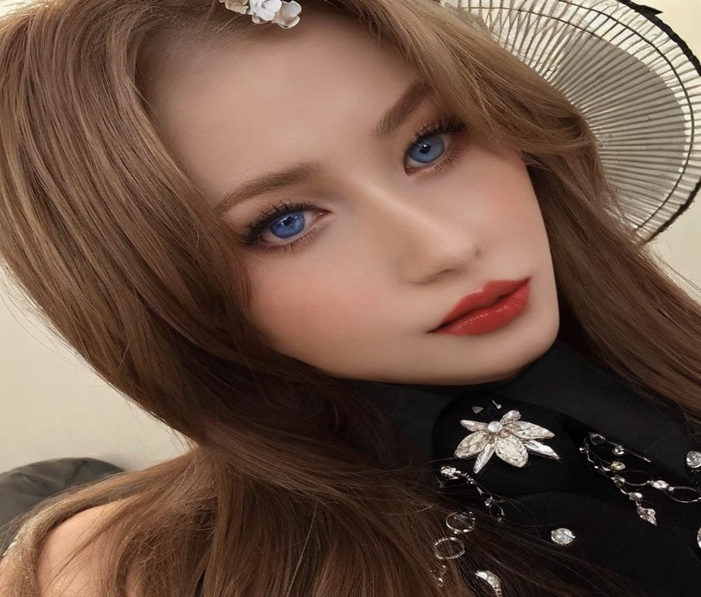 A gypsy with blue eyes and blonde hair with cherry red lips and white skin like Twice Sana