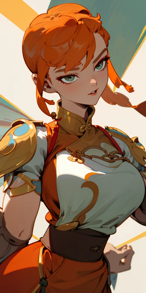 1 girl、one person、skinny body shape、orange clothes、orange hair、beautiful green eyes、intense joy on the face、white uniform with golden decorations、upper body close-up, style of Chun-li clothes