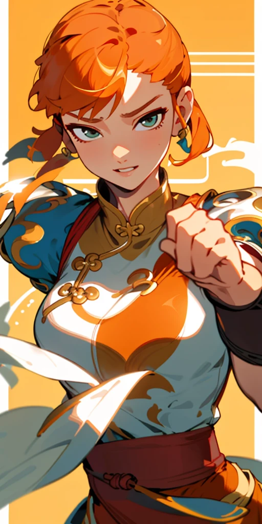 1 girl、one person、skinny body shape、orange clothes、orange hair、beautiful green eyes、intense joy on the face、white uniform with golden decorations、upper body close-up, style of Chun-li clothes