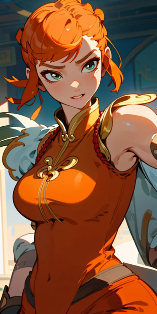 1 girl、one person、skinny body shape、orange clothes、orange hair、beautiful green eyes、intense joy on the face、white uniform with golden decorations、upper body close-up, style of Chun-li clothes