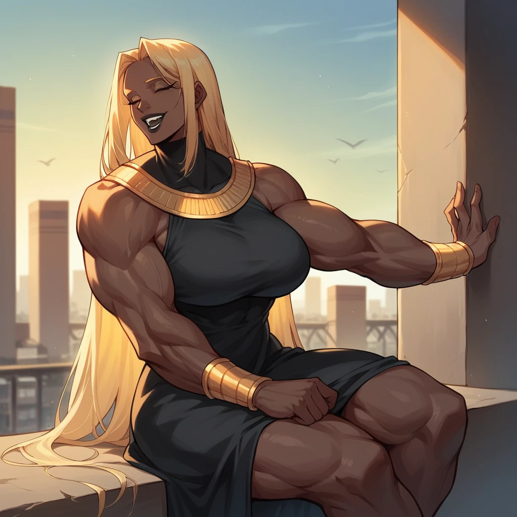 black buff strong woman character, muscle arms, muscle body, buff body, tall woman, black skin, full black skin, strong arms, long fringe hair, blonde hair, blonde fringe hair, fringe hair, scales in body, black lips, egypt hair, milf, yellow lights, morning, city background, scales, mature woman, scale in arms, leaning against a wall, black dress, sit, laugh