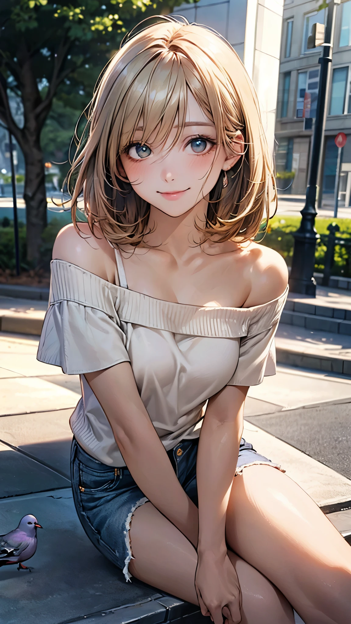 (masterpiece:1.2, top-quality), (realistic:1.1, photorealistic:1.4), beautiful illustration, (perfect lighting, natural lighting), depth of fields,
beautiful detailed hair, beautiful detailed face, beautiful detailed eyes, beautiful clavicle, beautiful body, beautiful chest, beautiful thigh, beautiful legs, beautiful hands,
looking at viewer, 1 girl, high school girl, perfect face, cute and symmetrical face, shiny skin,
(short hair:1.5, bob cut:1.2, ash blonde hair), hair between eyes, blue eyes, drooping eyes, big eyes, long eye lasher, (medium breasts, thick thighs),
(short sleeve off-shoulder yellow green sweater, black tanktop, denim shorts roll-up), sneaker,
(beautiful scenery), evening, (park:1.2), sitting park bench, (lots of pigeons), (lovely smile, upper eyes),
