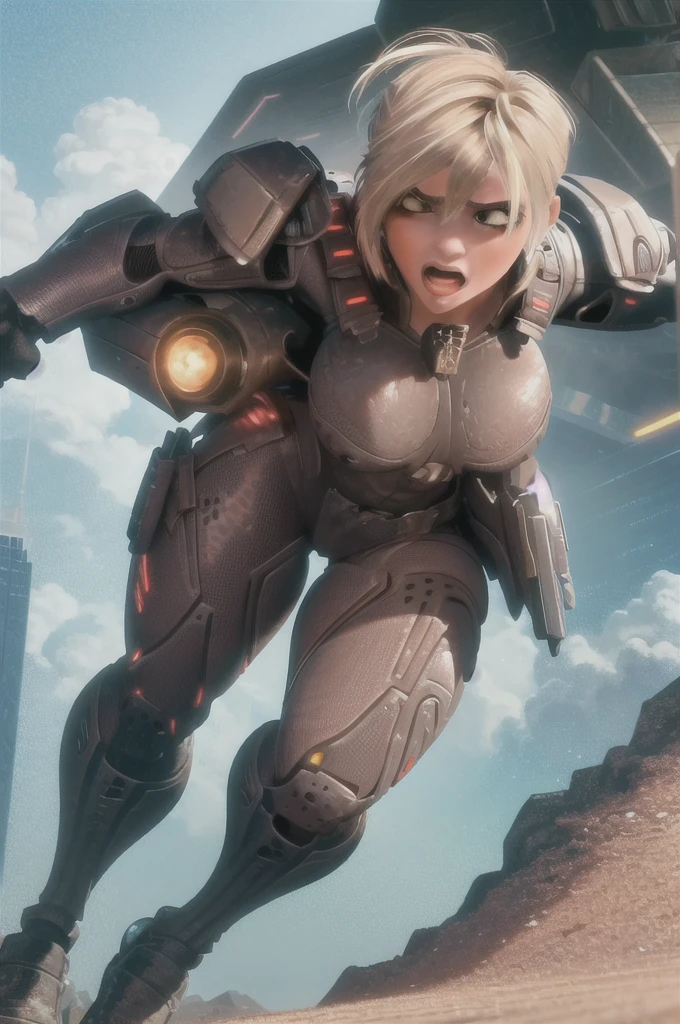 masterpiece, best quality, highly detailed, 1girl, solo,  Sgt Calhoun, big round full breasts, NSFW armor, dynamic pose, dynamic angle, cyberpunk city background