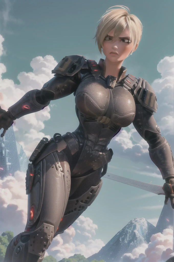 masterpiece, best quality, highly detailed, 1girl, solo,  Sgt Calhoun, big round full breasts, NSFW armor, dynamic pose, dynamic angle, cyberpunk city background