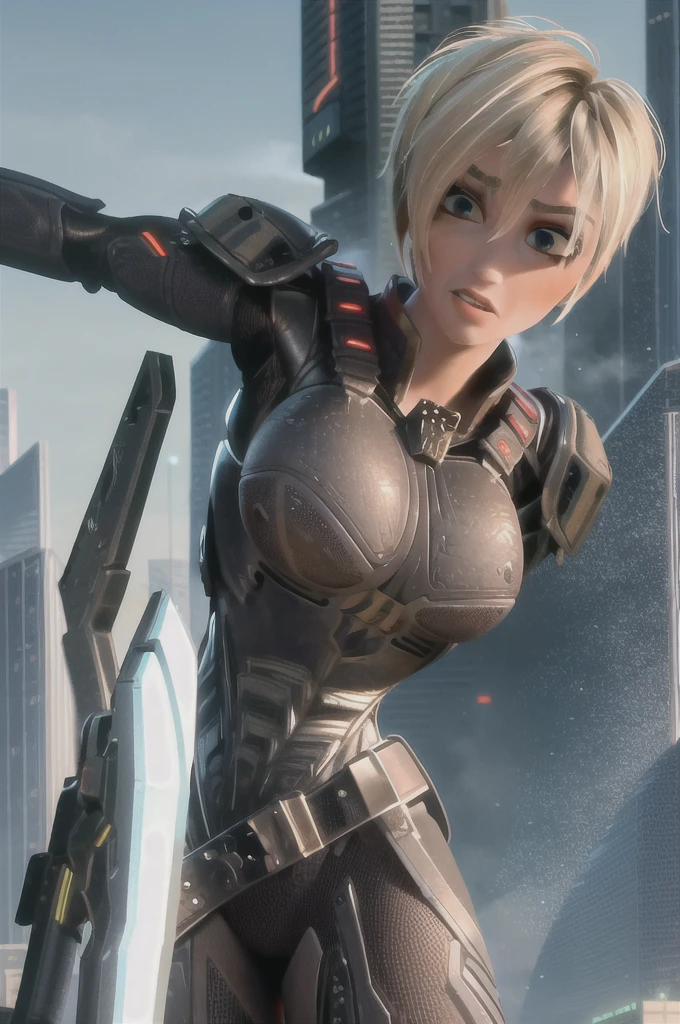 masterpiece, best quality, highly detailed, 1girl, solo,  Sgt Calhoun, big round full breasts, NSFW armor, dynamic pose, dynamic angle, cyberpunk city background