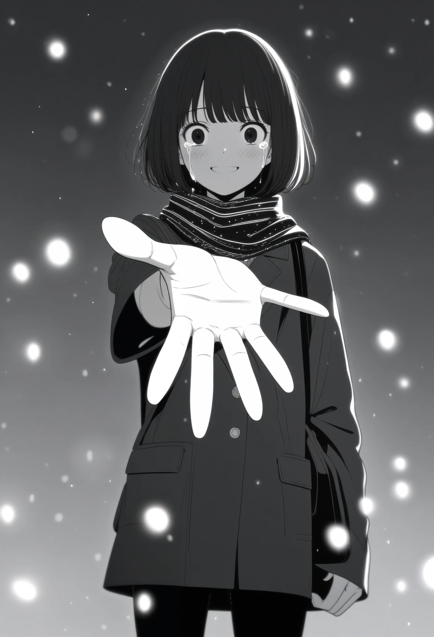 masterpiece, best quality, 1girl, mamerakkkkko, grayscale, manga style, japanese, chi no wadachi, black eyes, street, iced, black hair, schoolbag, smile, lineart, black coat, black scarf, black pleated skirt, leggins, centered, 18 years old, tall, fair skinned, bokeh background, crying, tears, tears streaming, bob cut, light particles, centered, snowing, (((reaching out left hand to viewer, perfect hand, detailed hand:1.1)), emotional anime scene (very aesthetic, best quality, ultra detailed), intricate details
