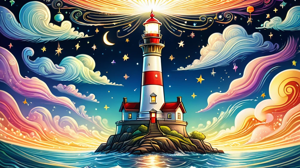 (A large close-up of a shining lighthouse in the center):looks happy,An illustration,pop,colorfulに,draw with thick lines,color,night,Lamp light,、Dreaming happy dreams,Warm and full of happiness,,colorful,Fancy,Fantasy,Detailed explanation,fluffy,Randolph Caldecott Style