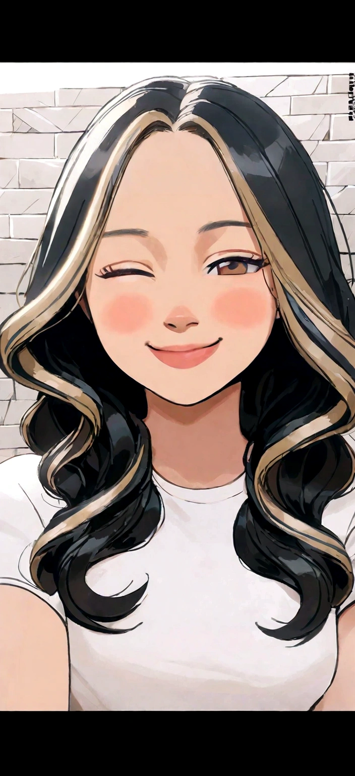 best qualityer)), ((work of art)), (detailded), ( disney pixar style),  long wavy light brown hair with blonde highlights at the front of the hair, brown dark eyes, smiling with your mouth closed