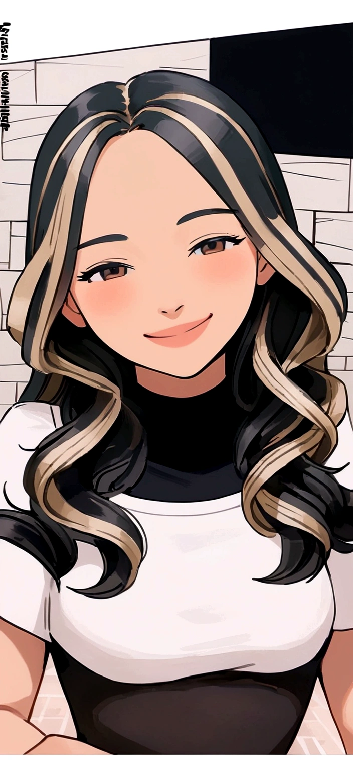 best qualityer)), ((work of art)), (detailded), ( disney pixar style), long wavy light brown hair with blonde highlights at the front of the hair, brown dark eyes, smiling with your mouth closed