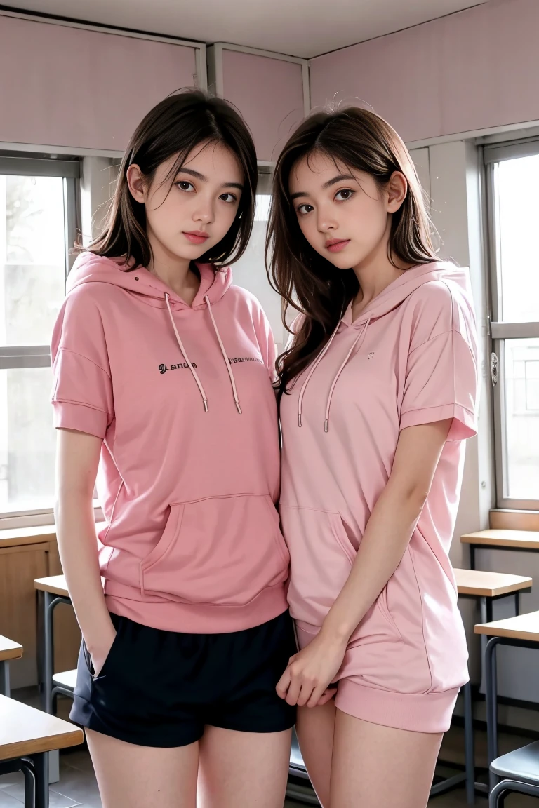 deux femmes ensemble de 18 ans sexy et mince , pink short sleeve hoodie , salle de classe, se touche,position sey,sensuel