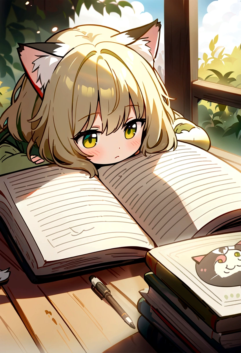 Highest quality、masterpiece、Detailed CG、cute cat、Norwegian Forest Cat、Handwritten style、icon、Yellow-green eyes、Resting on a closed book