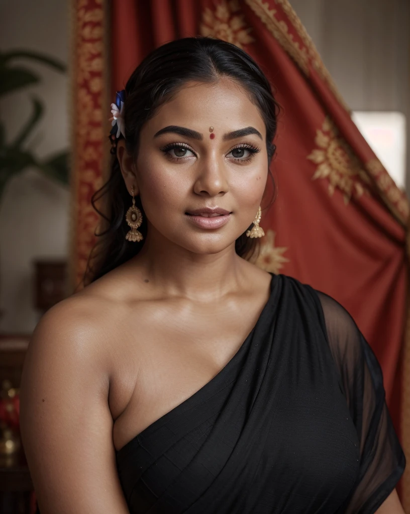 Extremely gorgeous, round face, shoot for a famous cosmetics brand, shoot for top health magazine cover Page, bold photoshoot, bold looks, body positivity, stunning beauty, ravishing, spicy hot, sizzling hot, sensual shoot, artistic sensual photograpy, thick figure, curvy, Thick navel, sexy tempting lady, sexy navel folds, fleshy figure, woman with a flower in her hair and a flower in her hair, closeup portrait shot, movie stills photography, traditional beauty, body sweat, glistening skin, feminine curve, curvy body, skin texture, skin pores, traditional clothes , traditional female hairstyles, pretty face!!, shot on sony alpha dslr-a300, indian woman with brown skin, indian goddess, traditional makeup, movie stills, actress, close - up portrait shot, detailed portrait shot, ultra HD, 32k, hyper realistic, hyper realistic skin, High level professional photography, insane details, high quality skin, beautymarks, real photograph, add every possible elements to make the photo looks as real photograph,