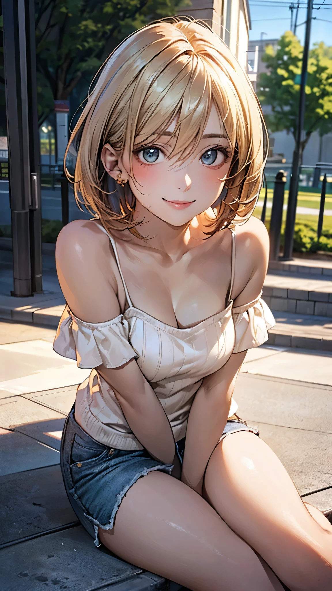 ((Ultra-detailed)), (top-quality), ((masterpiece)), ((Super exciting)), ((8K)), ((1080p)), ((extremely clear)), ((Very sophisticated)),((natural lighting)), ((depth of fields)), ((Glowing skin)), ((gleaming)), ((shiny-glistening)), (3D)), ((Perfect Anatomy)), (Realistic skin texture), ((Detailed face description)), (((perfect balance))), (((Solo))), ((a girl)), (grinned)), (slanted eyes), (sit on bench), (grinned), ((sleeveless), (neckless)), (shirts), (short pants), ((Tokyo background)),