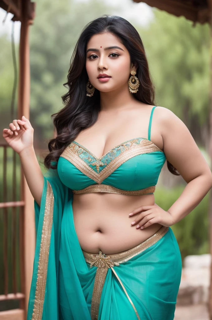 1 Heavenly beautiful and goddess beauty cute and sweet looking face Indian female in front of Zhanli Village, China, Heavenly beautiful Overweight, Heavenly beautiful Extremely fat, Heavenly beautiful and attractive Chubby figure , Heavenly beautiful looking and eye catching luxury style tight fitting Indian strapless traditional blouse and sarees , reaching out, Heavenly beautiful Arabian woman, 16k, High resolution, masterpiece, highest quality, fine skin, outside view, Realistic Photograph, size 45 and waist size 32, close up face view