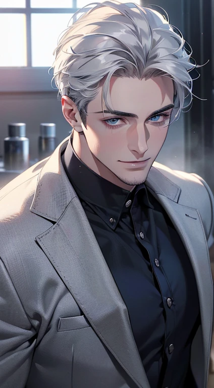 (best quality,4k,8k,highres,masterpiece:1.2),ultra-detailed,(realistic,photorealistic,photo-realistic:1.37),cinematic lighting,1:4 hdr image,a mature man, 29 years old,very handsome,cold expression smile in love, short grey white hair,blue eyes,flawless face,buttoning his jacket,CEO