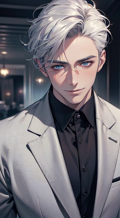 (best quality,4k,8k,highres,masterpiece:1.2),ultra-detailed,(realistic,photorealistic,photo-realistic:1.37),cinematic lighting,1:4 hdr image,a mature man, 29 years old,very handsome,cold expression smile in love, short grey white hair,blue eyes,flawless face,buttoning his jacket,CEO