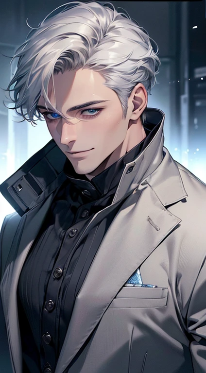 (best quality,4k,8k,highres,masterpiece:1.2),ultra-detailed,(realistic,photorealistic,photo-realistic:1.37),cinematic lighting,1:4 hdr image,a mature man, 29 years old,very handsome,cold expression smile in love, short grey white hair,blue eyes,flawless face,buttoning his jacket,CEO