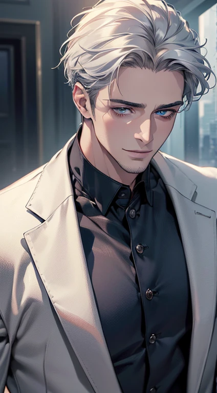 (best quality,4k,8k,highres,masterpiece:1.2),ultra-detailed,(realistic,photorealistic,photo-realistic:1.37),cinematic lighting,1:4 hdr image,a mature man, 29 years old,very handsome,cold expression smile in love, short grey white hair,blue eyes,flawless face,buttoning his jacket,CEO