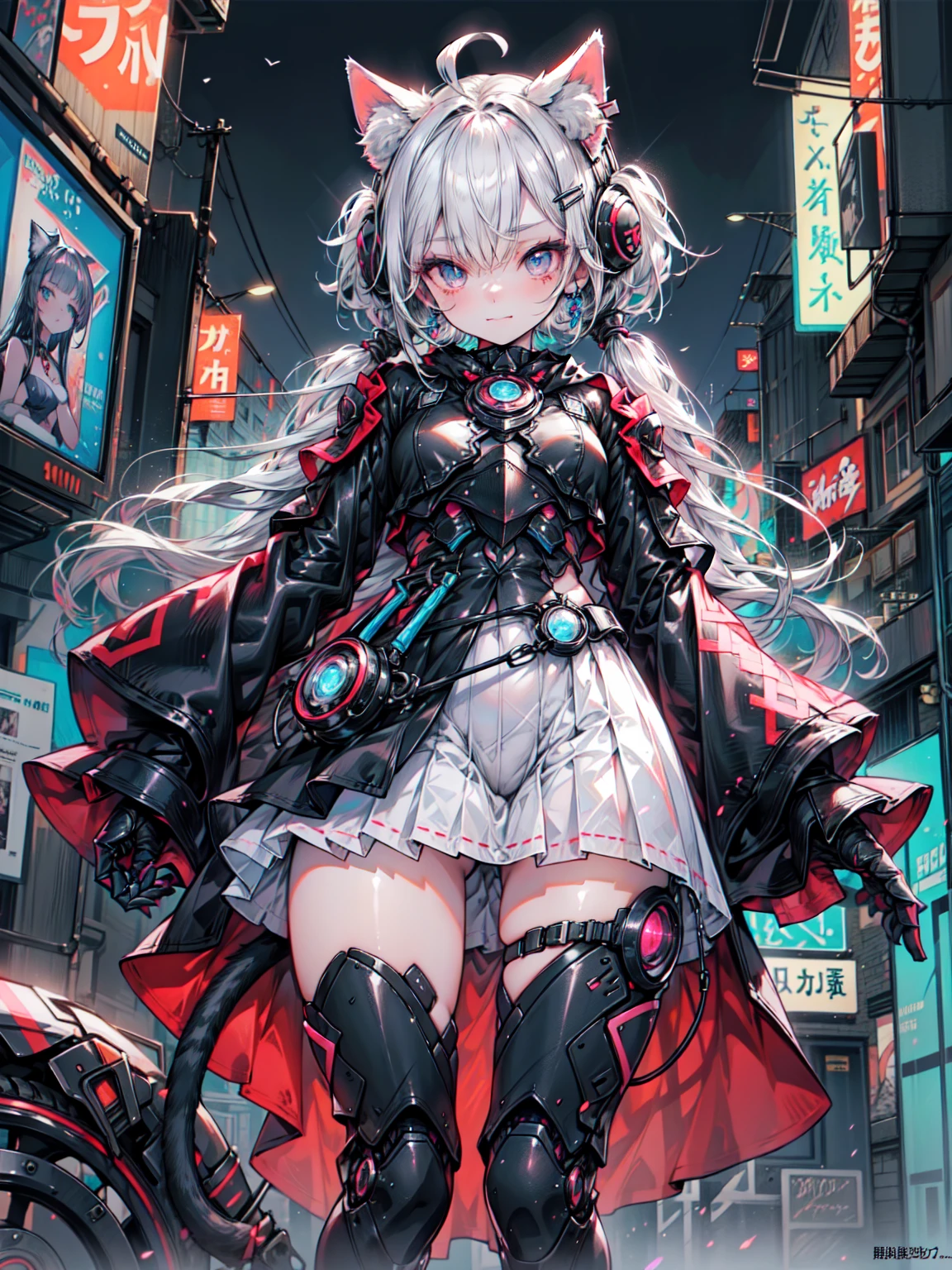 (8K、Best image quality、Highest quality、masterpiece) 、Gothic Punk、One Girl、White hair in twin tails、blue eyes、Earrings、((Cat ears headgear))、Moderate bust、Black Shirt、No sleeve、White tie、Black jacket、Black mini pleated skirt、Shooting from below、Cowboy Shot、Neon street background at night、Organic Armor Cyborg、Machine Armor、Armor Texture、Perfect Anatomy,Five perfect fingers,Vibrant colors,wonderful,Ultra-fine illustrations、break、(Dark Elf), Perfect Face, Get used to it, Ahoge, ((Long Hair:1.2)), (Hair above one eye:1.3), [[Messy Hair]], Shiny blonde white hair, Purple eyes, Variegated eyes, Colorful Hair, Shining Eyes, (eyelash, eye shadow, pink eye shadow), bright, smile, Design Art：haruhiko mikimoto, by Kawashi, By Yoshitaka Amano, Dark Skin