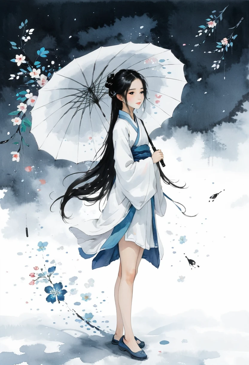 艺术Ink Painting，立体Ink Painting，Minimalism，Minimalism的图形，Minimal Art，Chinese anime girl，whole body，Chinese，，Ink Painting，Umbrella，Falling Flowers，Black long hair，Black and white background，古韵White space，White space，大面积White space，Textured Matte，Low saturation，Minimalism构图，Main Composition